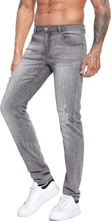 ZLZ Blue Black Ripped Distressed Jeans for Men Slim Fit, Men's Fashion Design Streetwear Destroyed Jeans Pants Stretch Fit