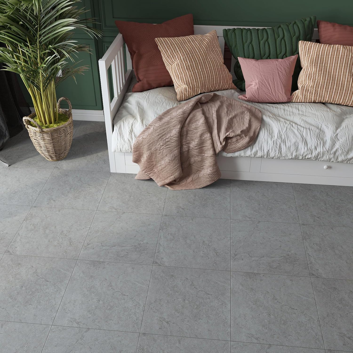 VaryStyle 18-Pack Floor Tiles Peel and Stick Waterproof Flooring Vinyl Floor Tiles 12"x12" Classic Grey Concrete Removable Self Adhesive Thick Stick on Tile for Kitchen Basement Bedroom Flooring