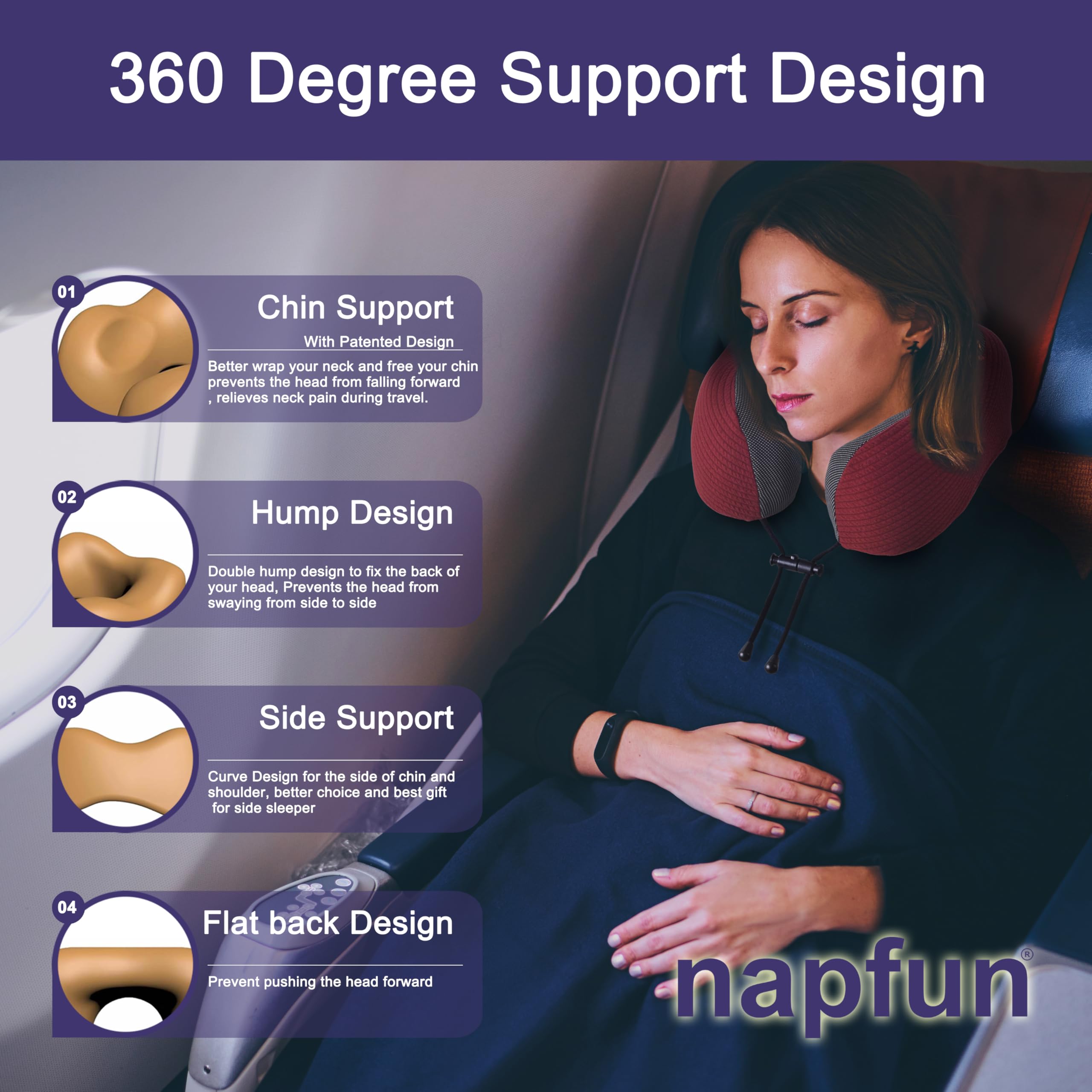 napfun Neck Pillow for Travel, Memory Foam Airplane Pillow, Burgundy view 3