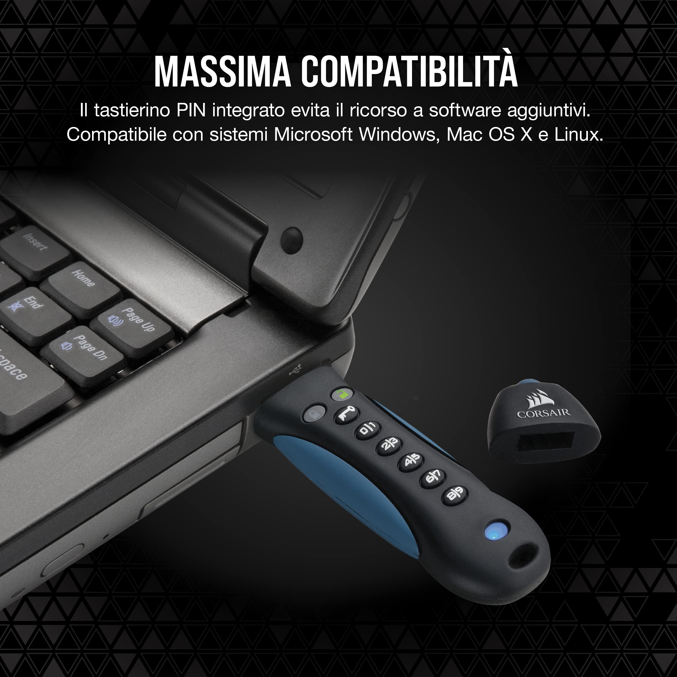 Corsair Flash Padlock 3, 64 GB Chiavetta USB 3.0 Sicura con Tastiera, Crittografia AES a 256 bit, Personalizzabile Cifre Identificazione, Il Rilevamento Integrato Antimanomissione, Nero/Blu