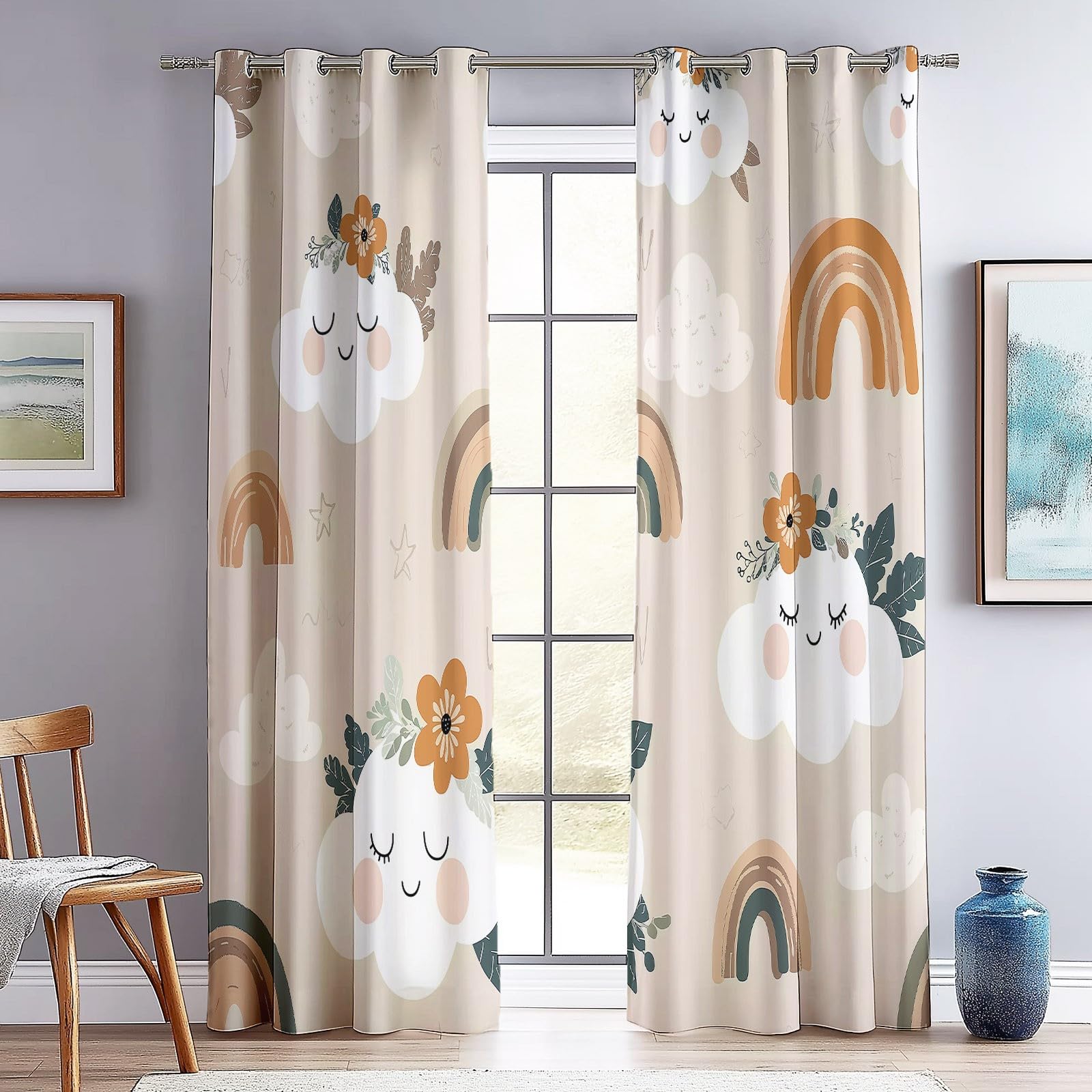 Rideaux Occultants 91.5L X 160H cm (2 Panneaux), Style Imprimé De Jolis Nuages Souriants, Draperies Anti-Chaleur pour Chambre d'enfant, Beige