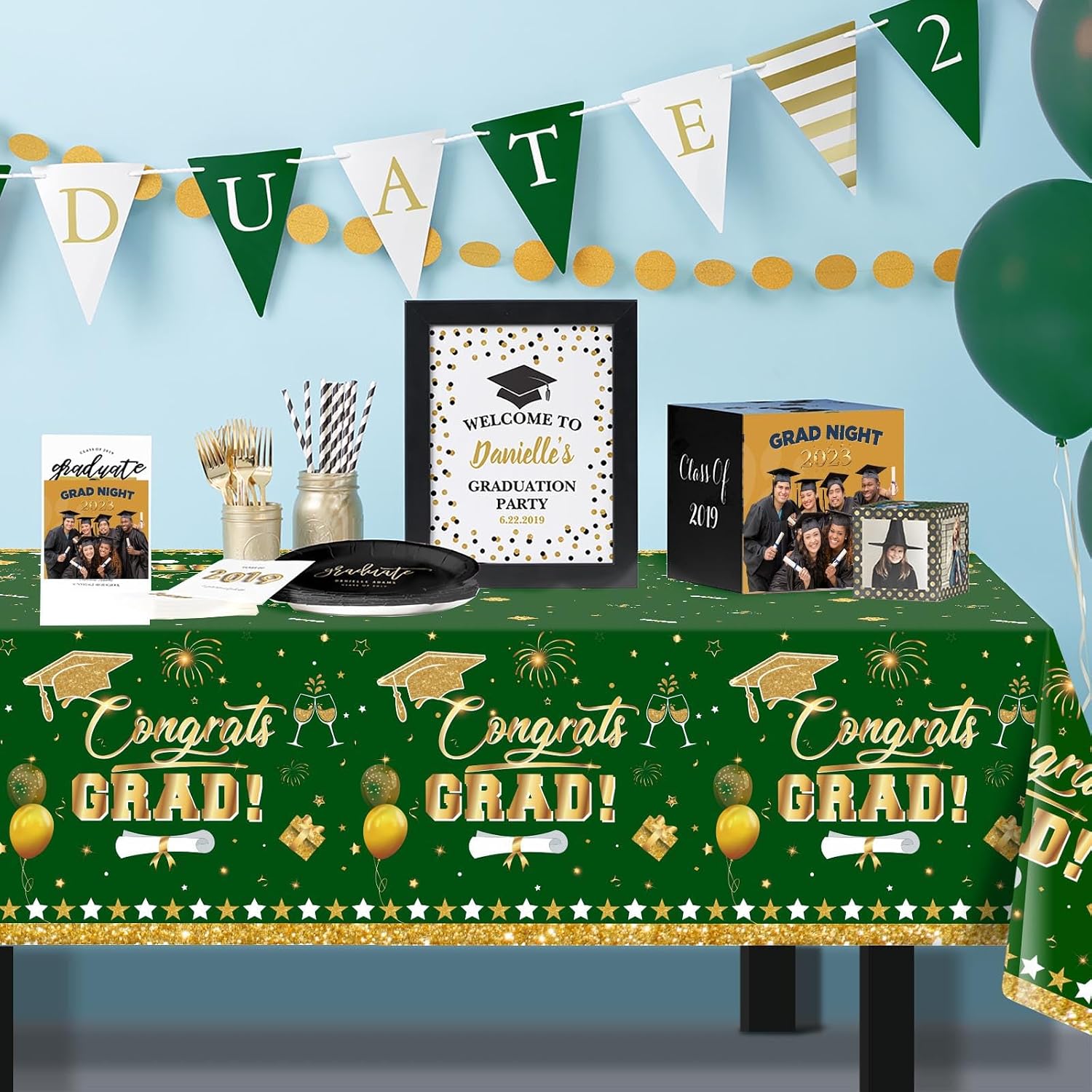 3 Pack Graduation Tablecloth Decorations,54x128inch Green and Gold Congrats Grad Disposable Plastic Waterproof Rectangular Table Cloth Cover Decor for Class of 2026 College High School Party Supplies image 4