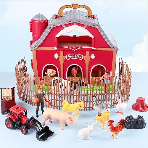 Miniatura 6 de Red Barn - Juguetes de animales de granja, 28 figuras de animales y tractor de granja, juguetes educativos de aprendizaje para niños pequeños y