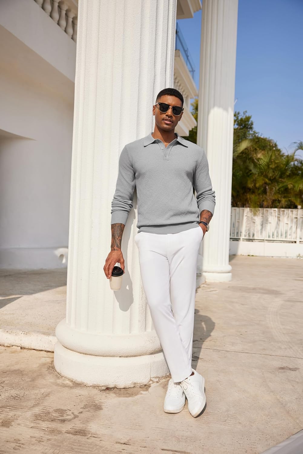 COOFANDY Mens Knit Polo Shirts Long Sleeve Casual Polo Sweaters Shirt Waffle Textured Collared Sweater - Image 4