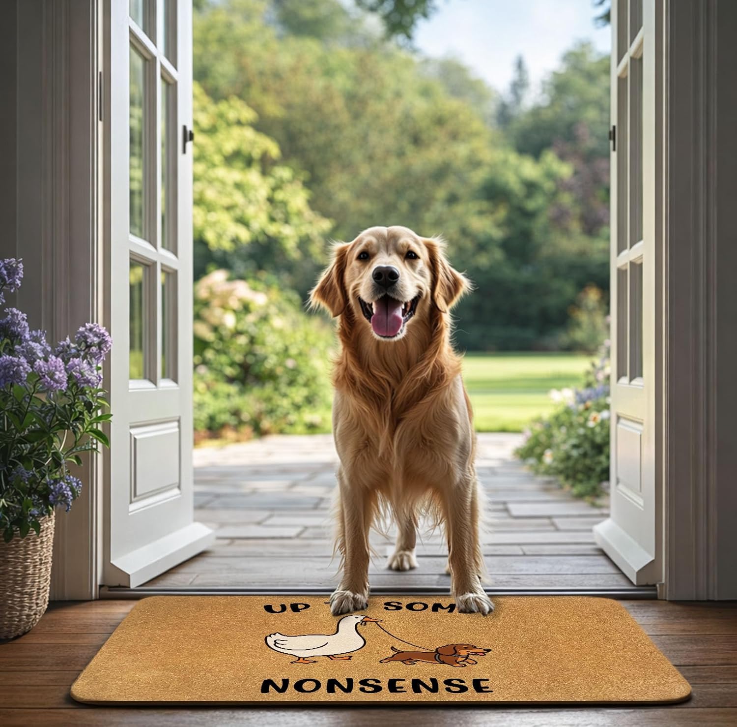 Funny White Duck Walking Dachshund Welcome Doormat, Cute Animal Quote Up to Some Nonsense Artificial Coco Coir Entry Mat, Non-Slip PVC Backing, Indoor Outdoor Porch Decor Rug, 17×30 Inch