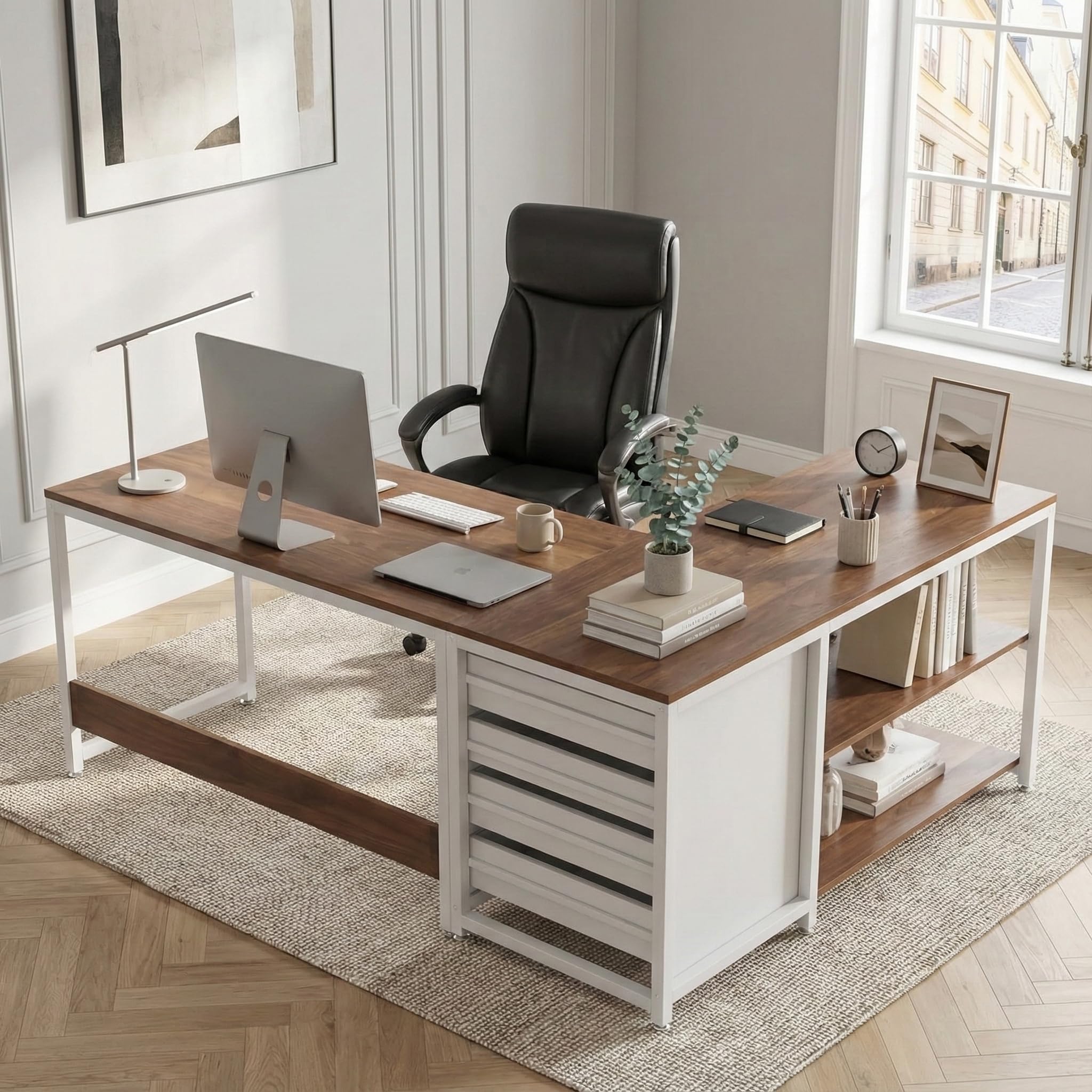 Lailang 150cm Scrivania, Tavolo Angolare, Mobili Ufficio Moderni, Scrivania In Legno, Scrittoio Vintage, 150 x 110 x 75 cm, Noce E Bianco