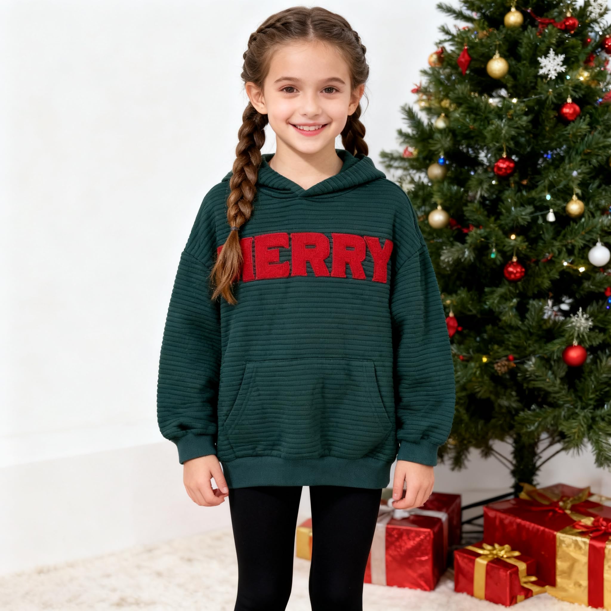 Weixinbuy Sudadera de Navidad unisex para niños, con cuello redondo, bolsillo canguro, sudadera de gran tamaño para niños y niñas, 7-14 años