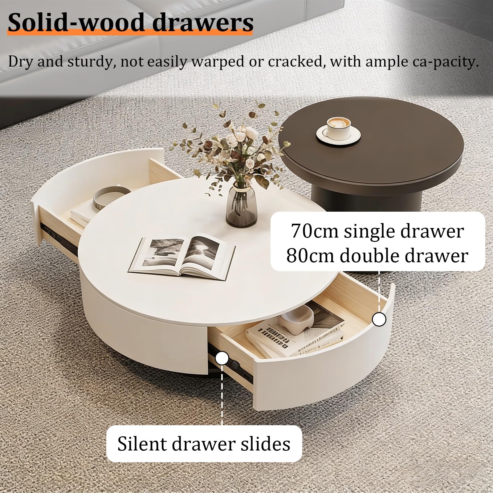 Elegante juego de mesa de café White Rock, mesas redondas anidables (70 cm + 50 cm) para sala de estar, patas gruesas, decoración moderna y elegante para el hogar, muebles de acento perfecto