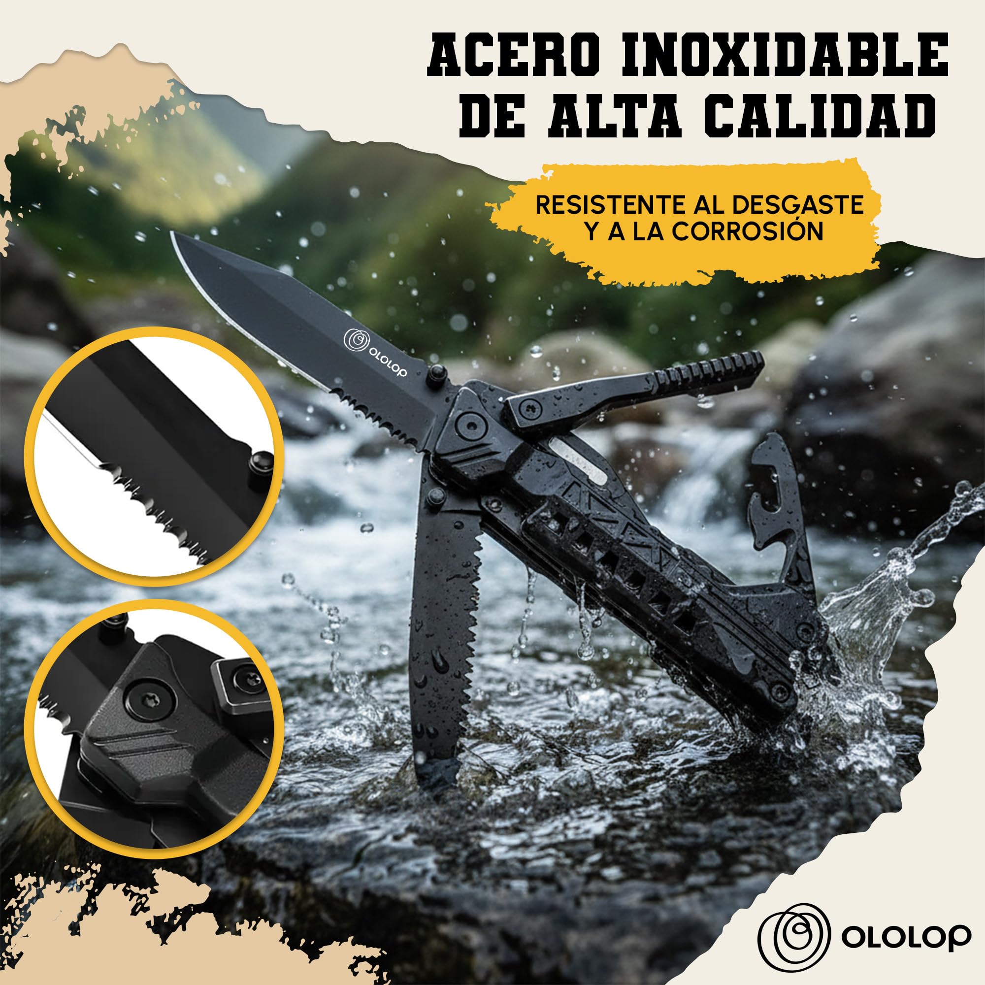 Navaja Multiherramienta 23 en 1 con Funda para Cinturón, Pedernal y Silbato — Acero Inoxidable Resistente para Camping, Senderismo y Emergencias | Ololop® — view 6
