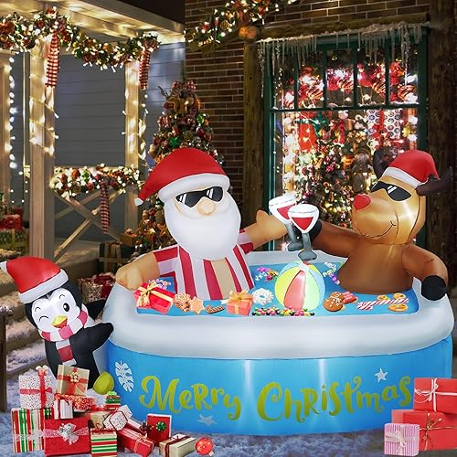 Decoración inflable de Navidad de 7 pies para exteriores, inflables de Navidad, fiesta en la piscina de Papá Noel con 8 luces LED integradas y