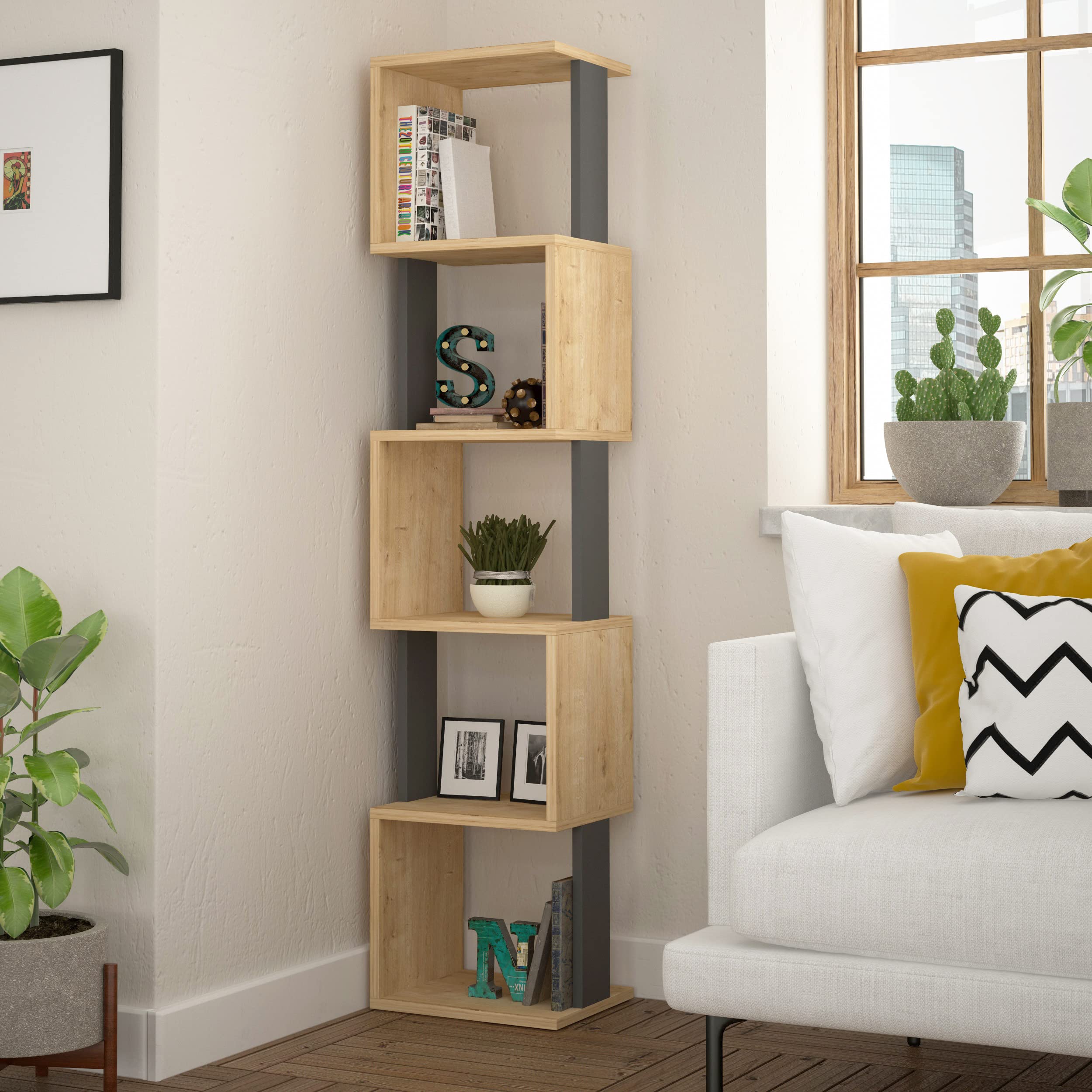 HOCUS PICUS 5 Tier Cube Bookcase, Living Room Furniture, Oak, Anthracite