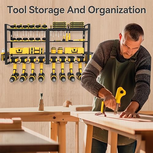 Miniatura 6 de Organizador de herramientas eléctricas, 4 capas de montaje en pared, estante de almacenamiento de herramientas de garaje, 8 soportes de taladro de