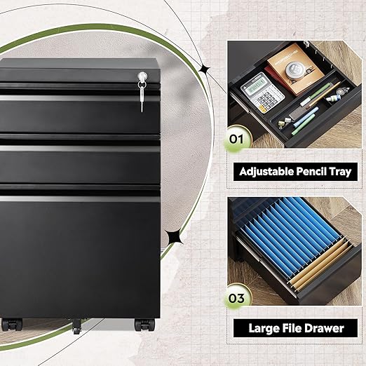 DEVAISE 3 Drawer Mobile File Cabinet Under Desk Office, Fully Assembled Except Casters, Letter/Legal Size, Black thumbnail 4