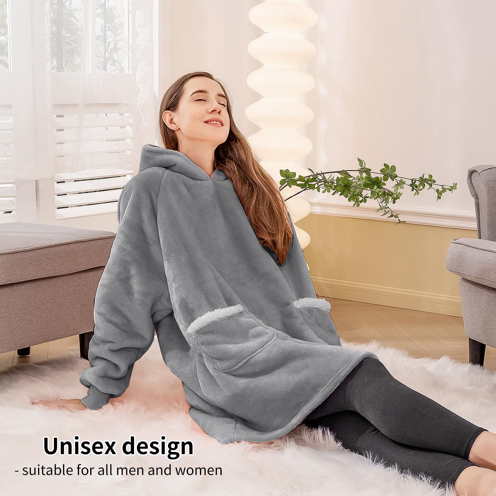 Aisbo Plaid Felpa Coperta con Maniche - Pigiama Coperta Indossabile Donna e Uomo Oversize con Manica e Cappuccio Plaid da Divano con Braccia Pile di Sherpa, Hoodie Blanket (Grigio,90x76cm)