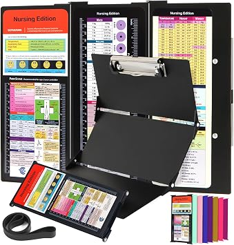Nursing Clipboard Foldable with Medical Edition Cheat Sheets, 3 Layers Aluminum Foldable Clipboard for Nursing, Notepad for Students, Nursing School Essentials Black