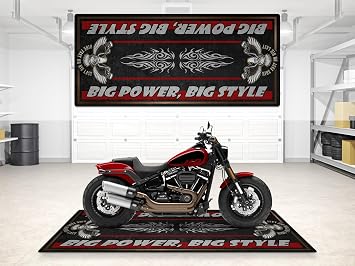 Parking Mat Big Power, Big Style Design for Chopper and Custom Motorcycles, Display, Pit Mat, Washable Non-Slip Garage Carpet Redline Red, Size 1 86.6 x 39.4/220 x 100 cm