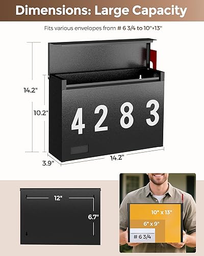 Miniatura 51 de LAND·VOI Buzón de pared con un kit de bandera y tres juegos de calcomanías de números de buzón de 0 a 9, buzones para exterior, buzón de metal Negro