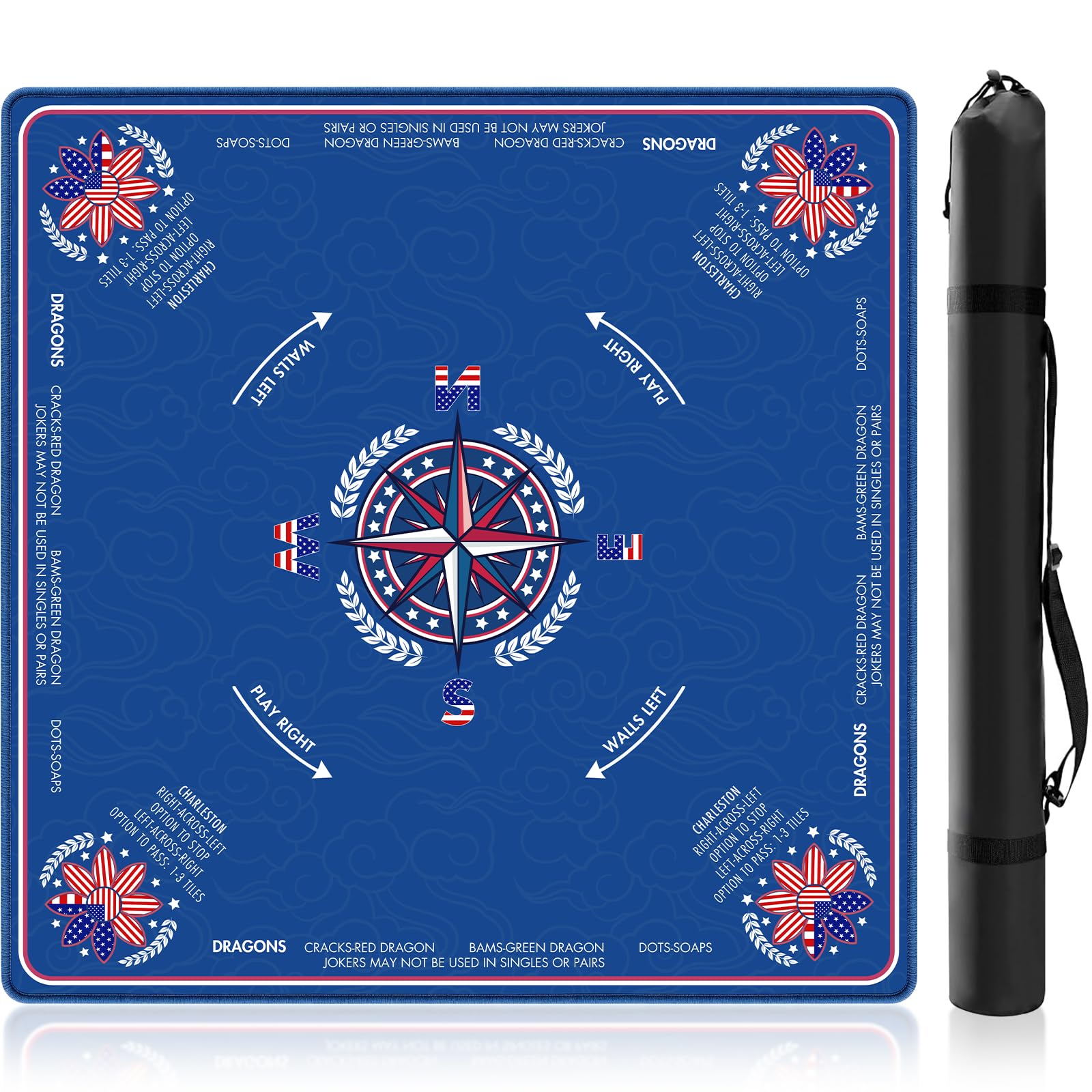 Tapis Mahjong avec règles et thème américain, 83,8 x 83,8 cm, nappe | Tapis de mahjong américain avec sac de transport pour dominos poker et jeux de cartes, tapis de jeu en caoutchouc pour table