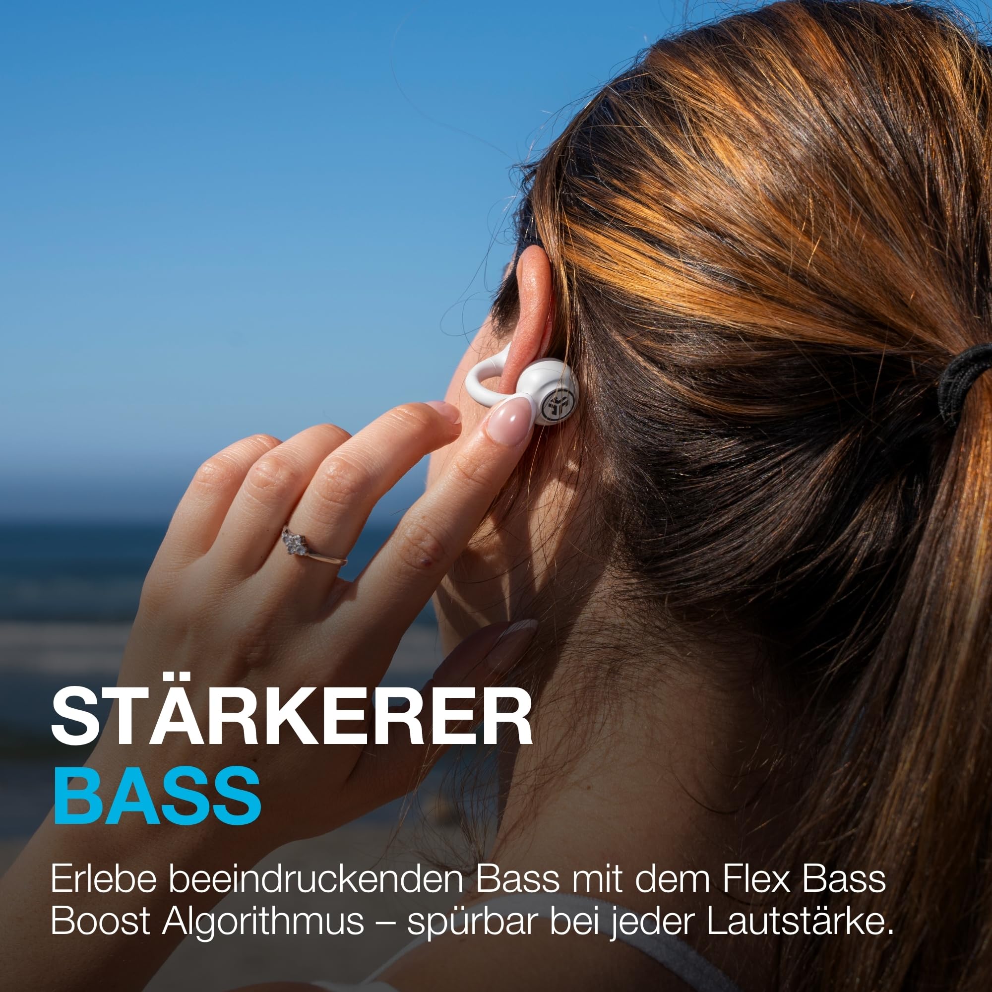 JLab Flex Open Ear Kopfhörer - Open Ear Earbuds, Manschetten-Design Clip-On-Kopfhörer, 21 Stunden Akkulaufzeit, Headphones Mit Bluetooth Multipoint, MEMS-Mikrofon, Mit App Anpassen - Weiß