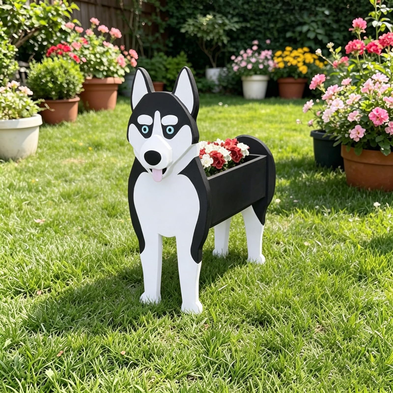 Hiiaodecor Husky Pet Dog Animal Bonsai Holder Cute Shape Art Plant Storage Pot Villa Garden Indoor Outdoor Office Decor Ornaments 43 * 25cm/16.93 * 9.84in