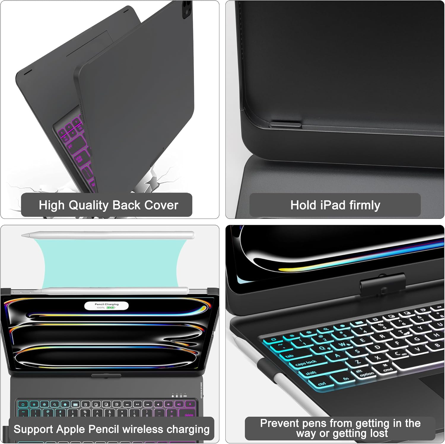 Keyboard Case for iPad Pro 13-inch (M4, 2024), Trackpad, 360° Rotatable, Bluetooth Keyboard Cover, 7 Colors Backlit with Pencil Holder for iPad Pro 13 (SM-A2925/A2926/A3007), Auto Sleep/Wake, Black