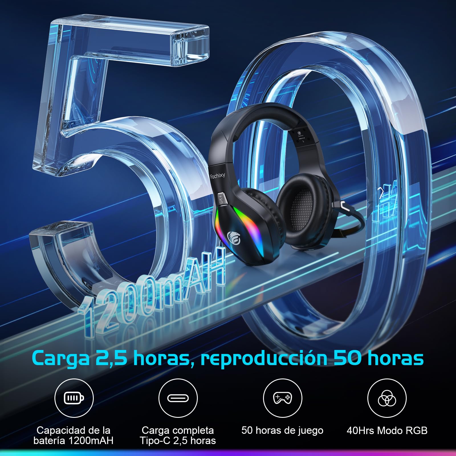 Fachixy「2025 Nuevo」FC100 Cascos Gaming Inalámbricos para PC, PS5, PS4, Auriculares Gaming Inalámbricos de 2,4GHz Wireless+Bluetooth - Baja Latencia, Duración 40Hr+, Luces RGB (Negro)
