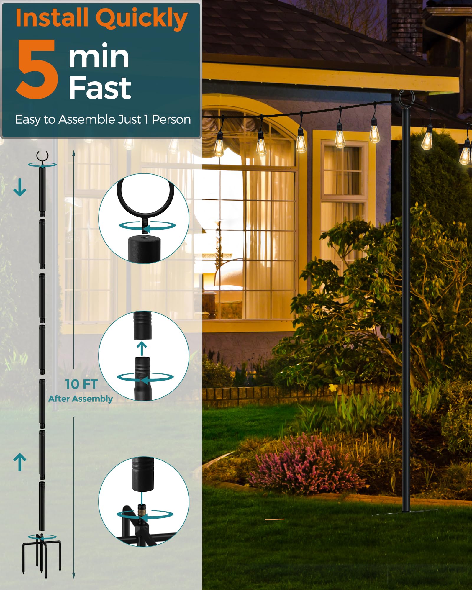 Land·VOI Pali in metallo per luci da appendere all'esterno, cortile, giardino, patio, supporto per illuminazione con altezza regolabile per feste all'aperto, matrimoni, artigli extra lunghi a 5 rebbi