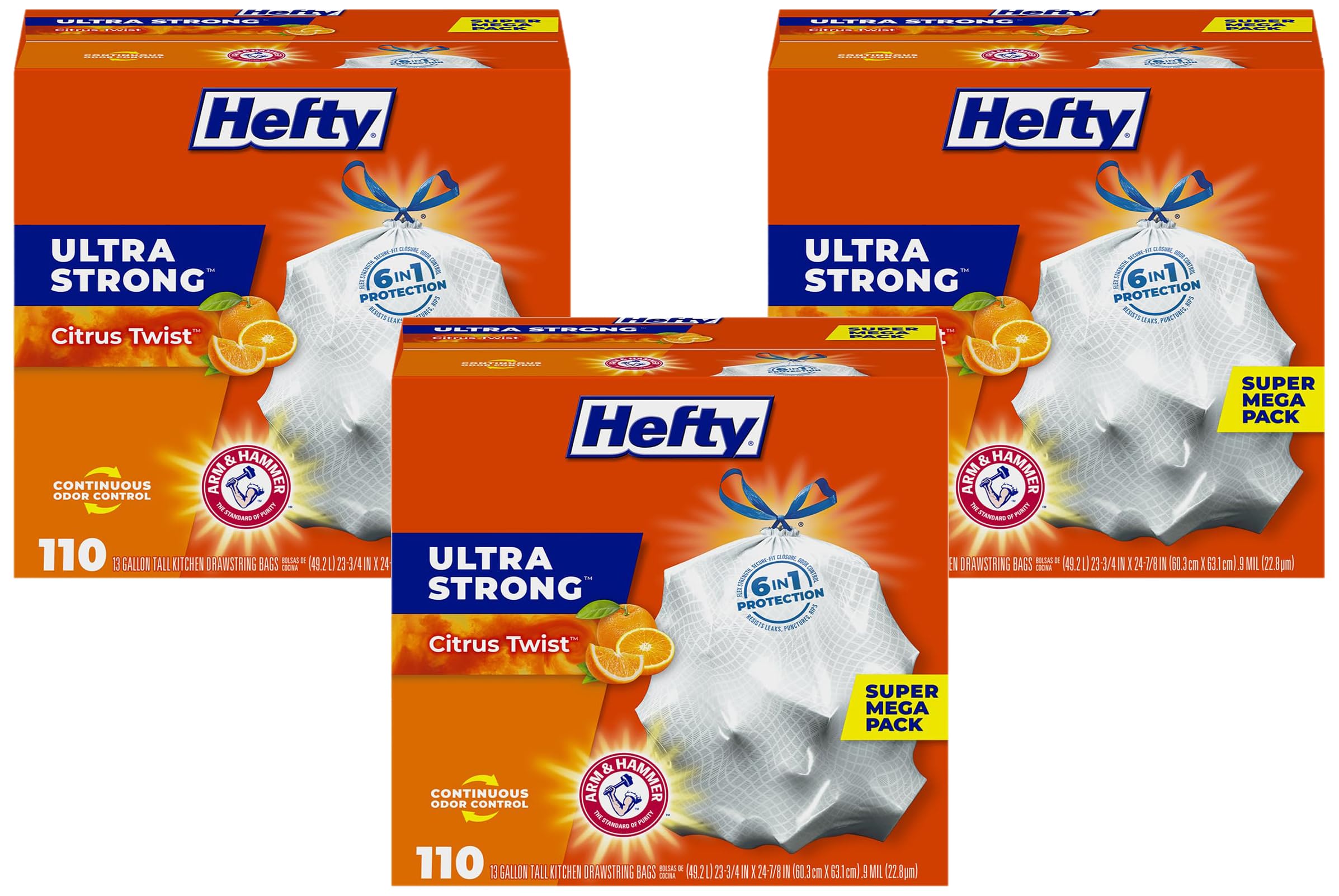 Hefty Ultra Strong Tall Kitchen Trash Bags 13 Gallon | Citrus Twist Scent | Break-Resistant Drawstring | Arm &amp; Hammer Odor Control | 110 Count, Pack of 3