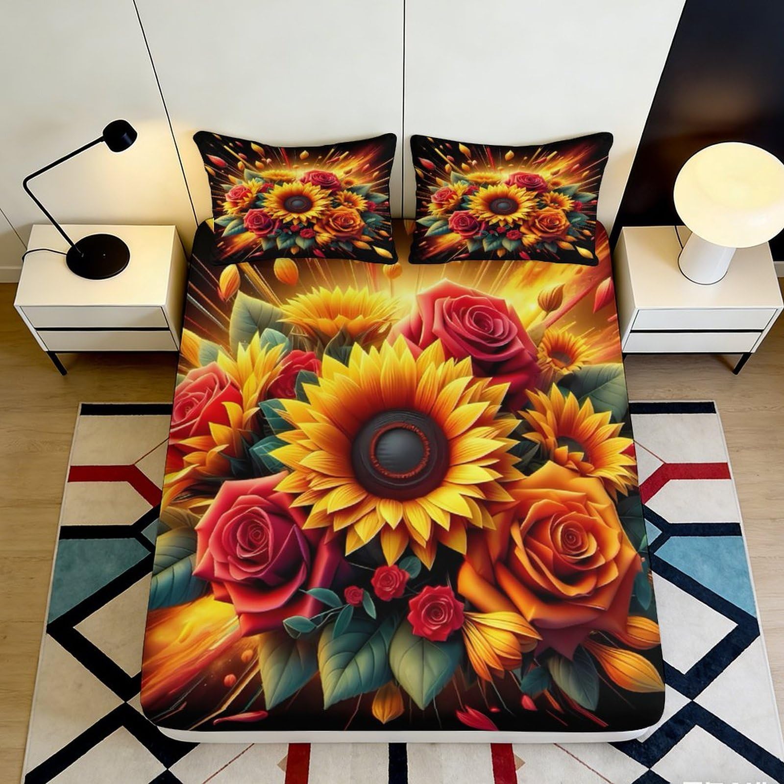 Uxinyoume Style-4 3D Printed Sunflower Rose Fitted Sheet Microfiber Vibrant Floral Bed Cover For Bedroom Guest Room Mattress Protection Decor 90X200x25cm
