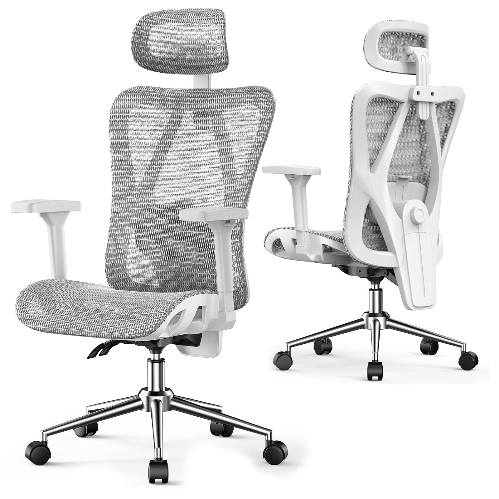 rattantree Ergonomic Office Chair Mesh Desk Chair with Adjustable Headrest Lumbar Support 3D Armrest 90-135° Reclining Chairs for Home Office Sturdy Work (Grey, 48x46 Cushion)