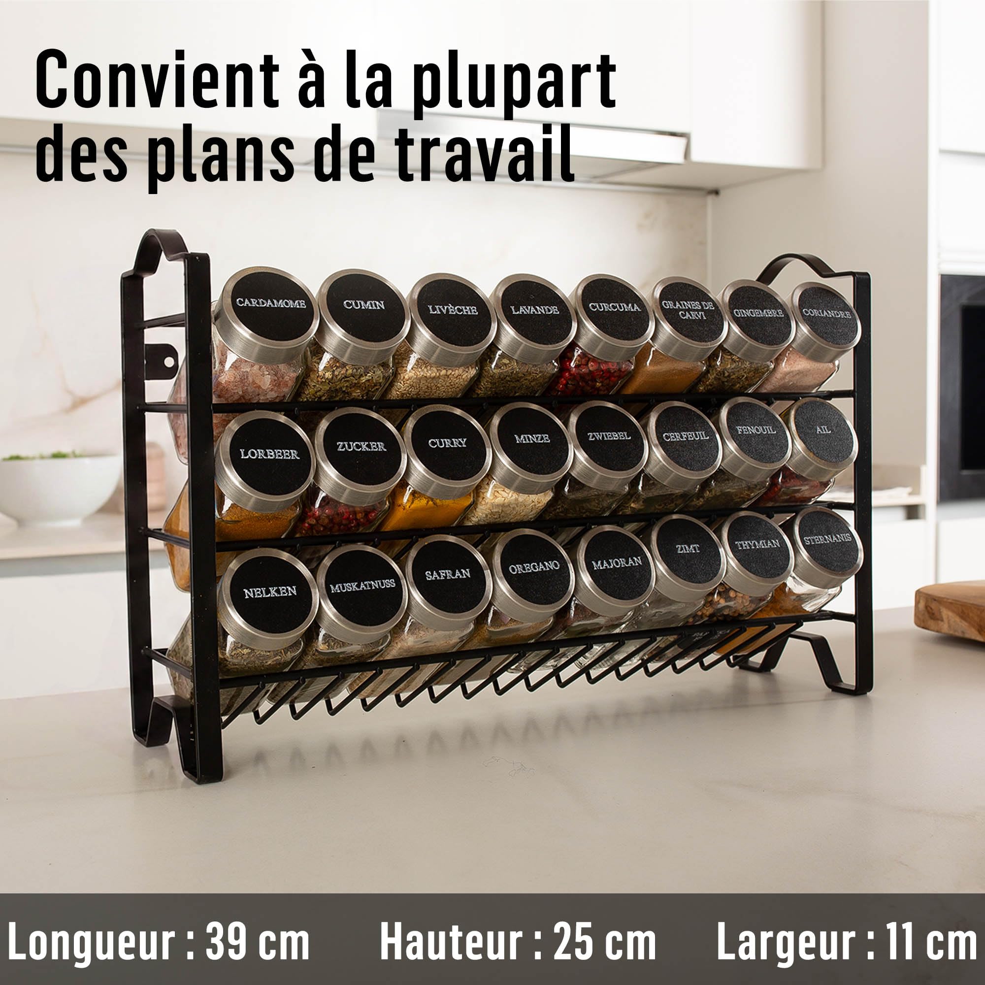 Deco haus® Etagere avec Pot a Epices Lot de 24 Boite avec Étiquettes d'épices Françaises - Rangement Cuisine
