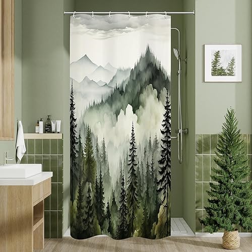 Miniatura 12 de Cortina de ducha azul marino con bosque de pinos brumosos, cortinas de ducha con paisaje de bosque brumoso de montaña, cortinas de ducha para baño