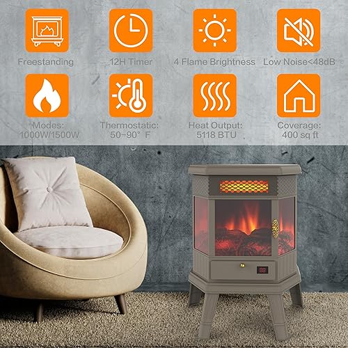 Miniatura 3 de RealSmart Calentador eléctrico de chimenea independiente de 22 pulgadas, chimenea infrarroja con efecto de llama 3D, temporizador, calentador de