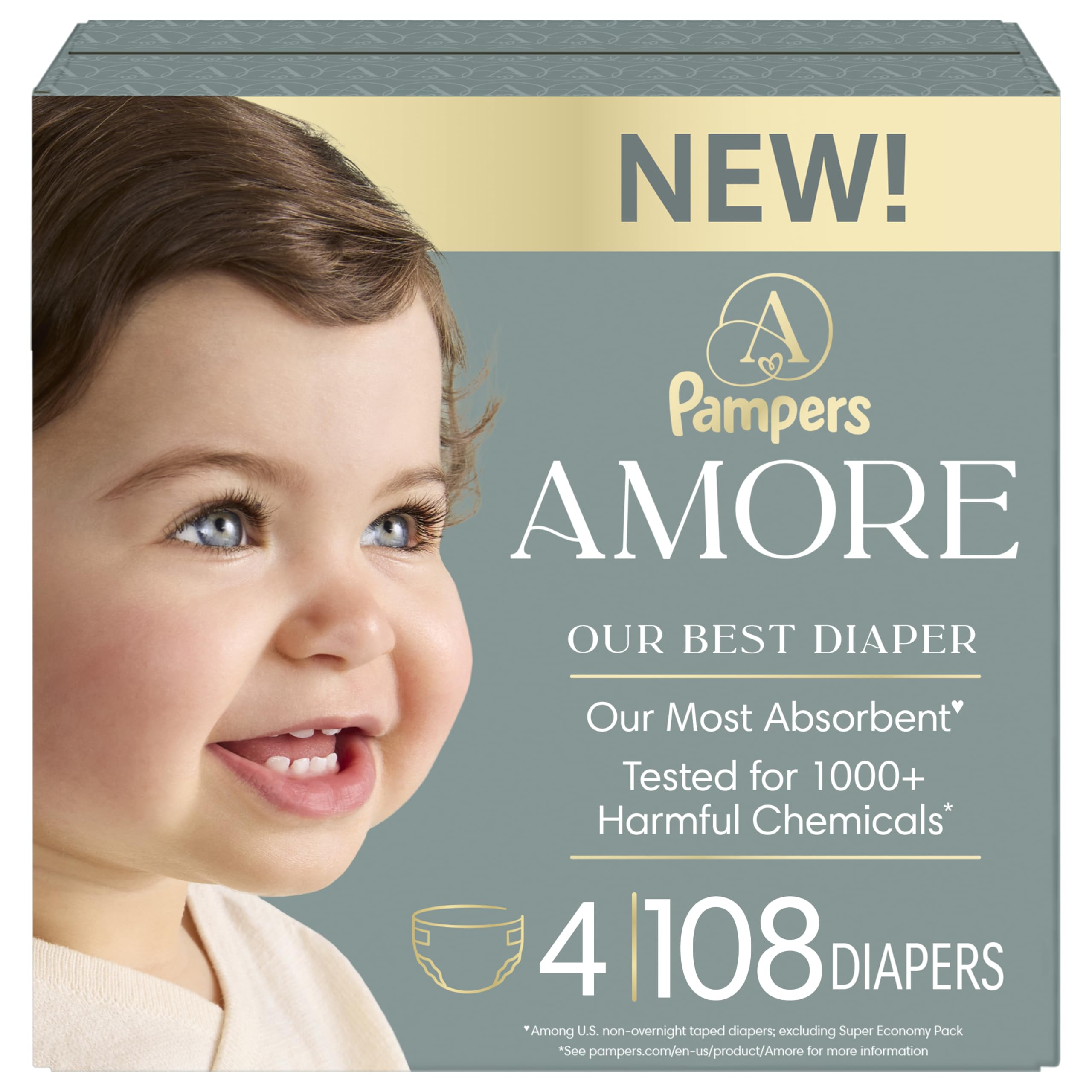 Pampers Amore, Size 4 (15-34 lbs), 108 Count, Our Best Diaper – Hypoallergenic & Fragranc…