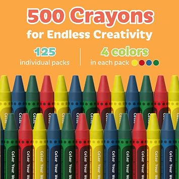 Kidaddle Crayons Bulk Pack, Regular Size, 4 Colors, 125 Packs, Color Crayon Packs for School, Teachers & Classroom Supplies, Restaurant Crayons, 500 Count