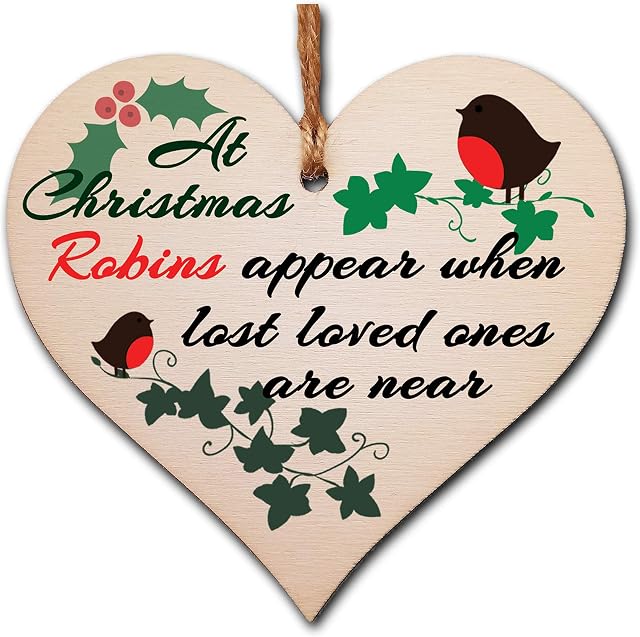The Plum Penguin Handmade Wooden Christmas Hanging Heart Plaque Gift Robins appear when loved ones are near sentimental gift of rememberance