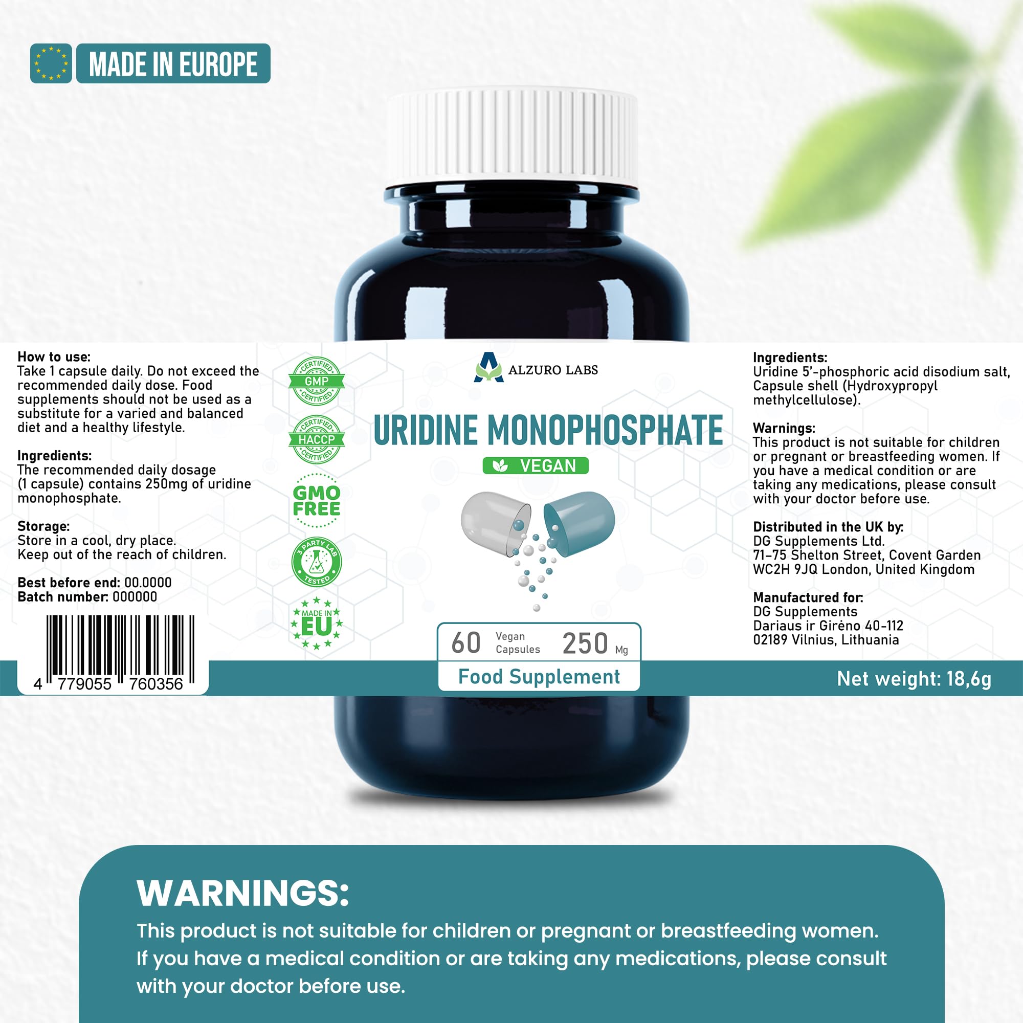 Uridine monophosphate | 250 mg | 60 gélules végétales | cure de 2 mois | GMP & Testé en Laboratoire Indépendant