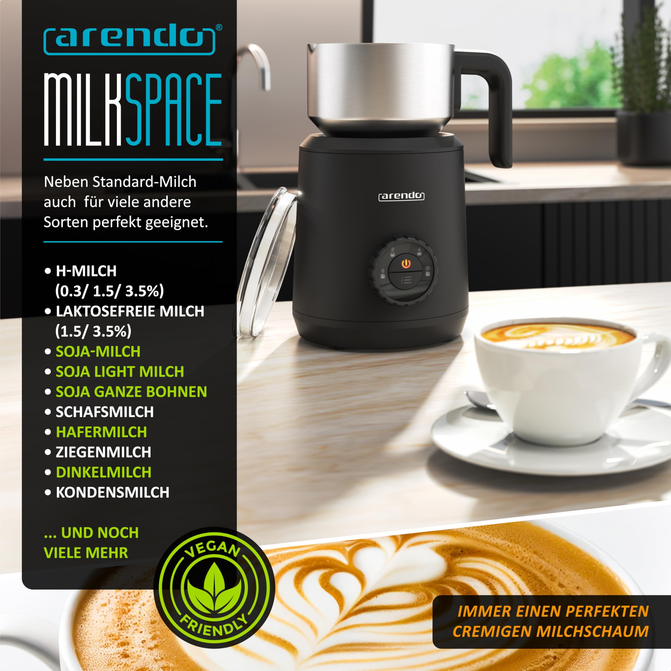 Arendo - Spieniacz do mleka indukcyjnego – indukcyjny spieniacz do mleka bez przypalania – do 400 ml – ciepła i zimna pianka mleczna – 4 temperatury – Milk Frother Coffee Latte Cappuccino