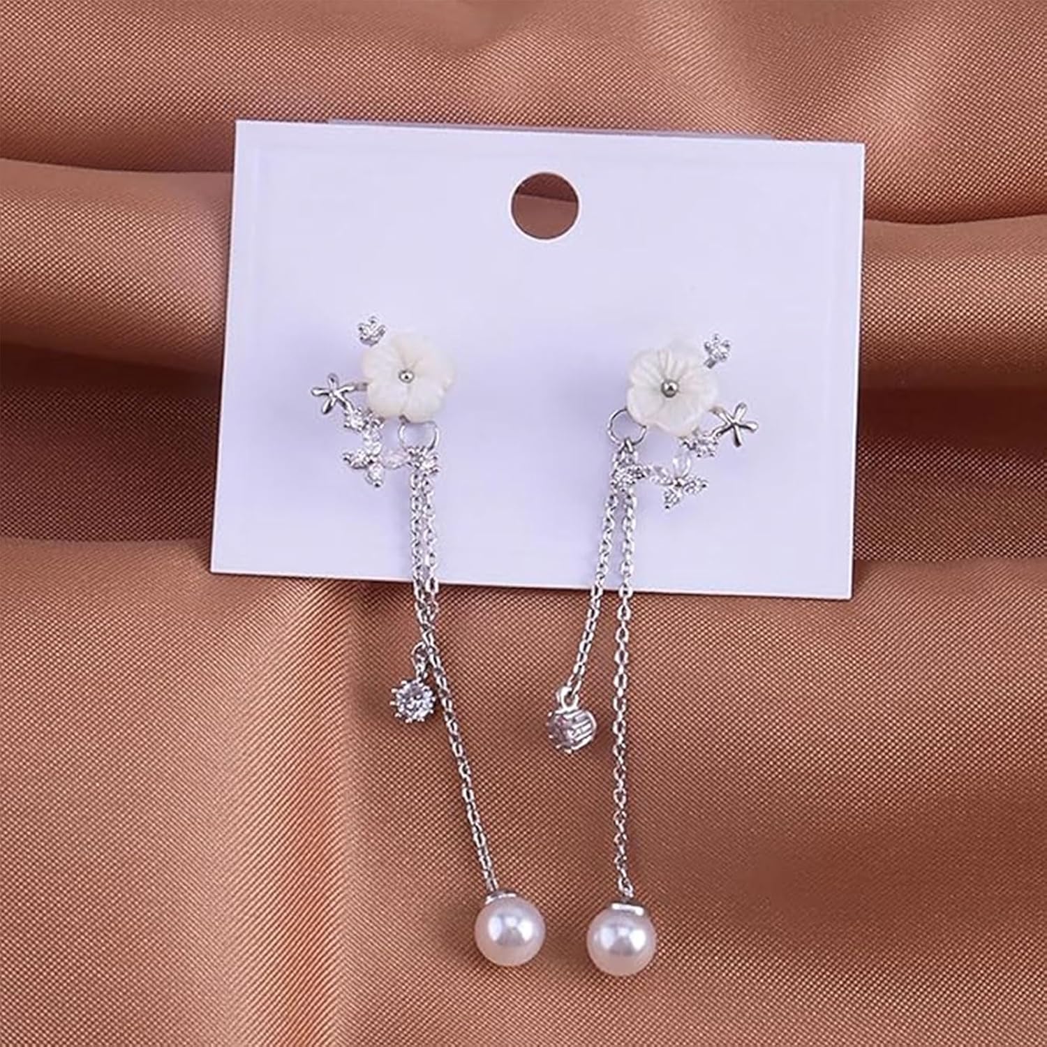 Pearl Flower Dangle Earrings for Women Long Gold Chain Drop Earrings Dainty Flower Wedding Earrings for Brides Statement Sparkly Jewelry - Image 6