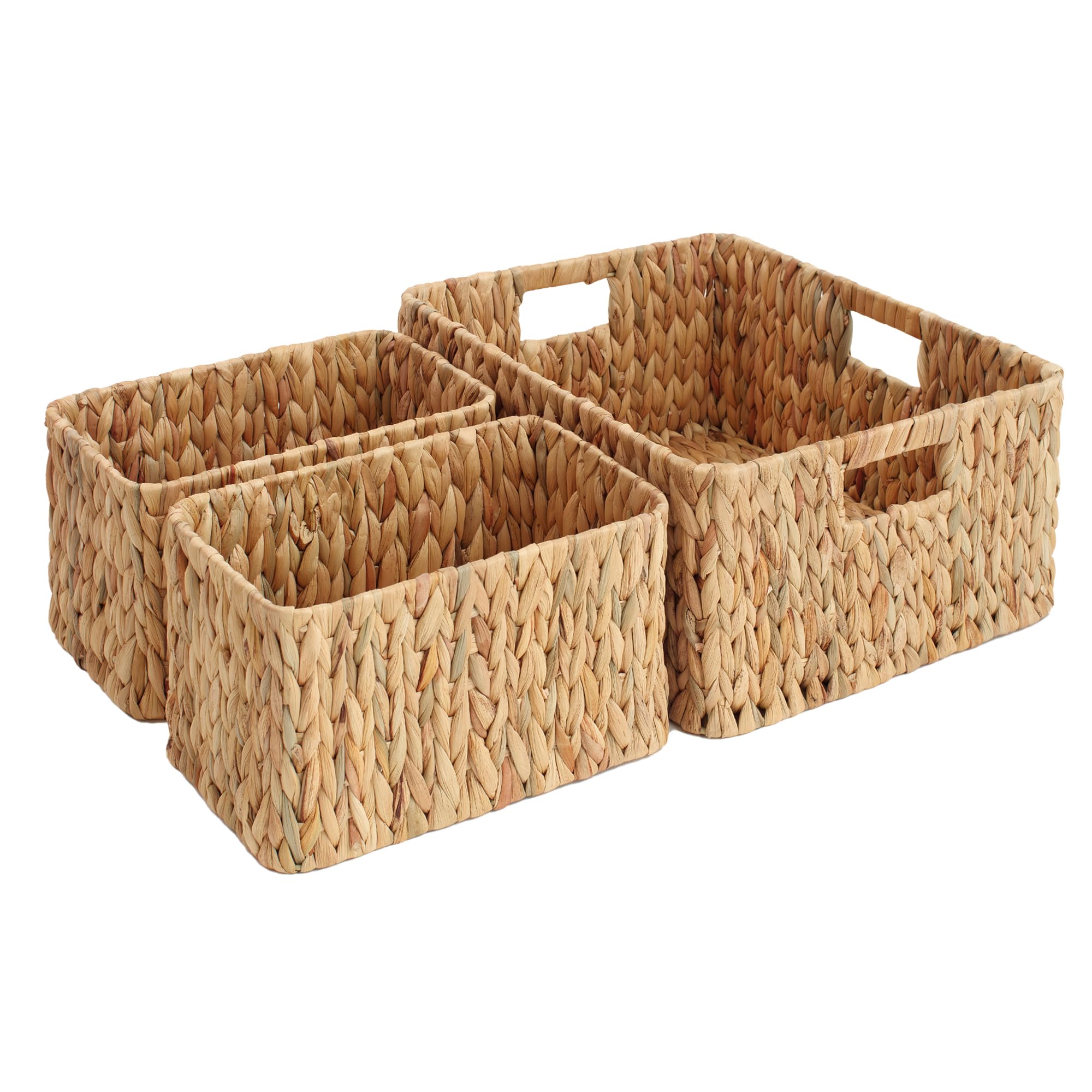 SUPTINWEAR Decorative Woven Storage Baskets Set of 3, Natural Water Hyacinth Organizer Bins with Carry Handles, Boho Shelf Storage for Living Room, Bathroom, Nursery & Closet