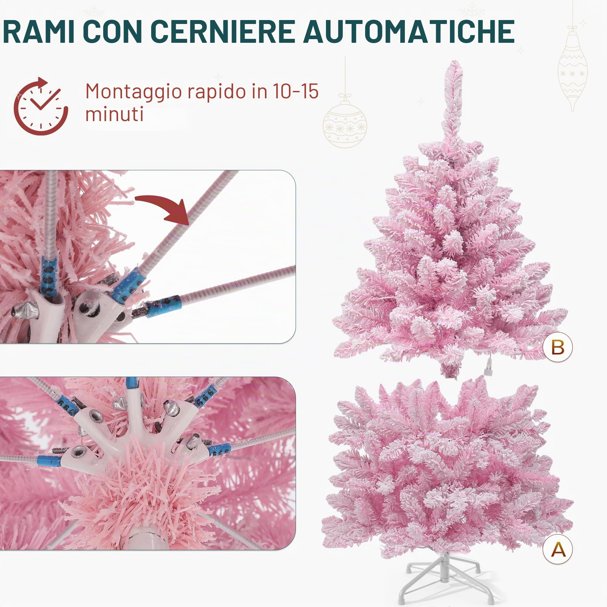 YITAHOME - Albero di Natale artificiale illuminato, ricoperto di neve rosa, albero di Natale in PVC con 400 punte imbiancate e 200 luci bianche calde per la decorazione della casa, 140 cm