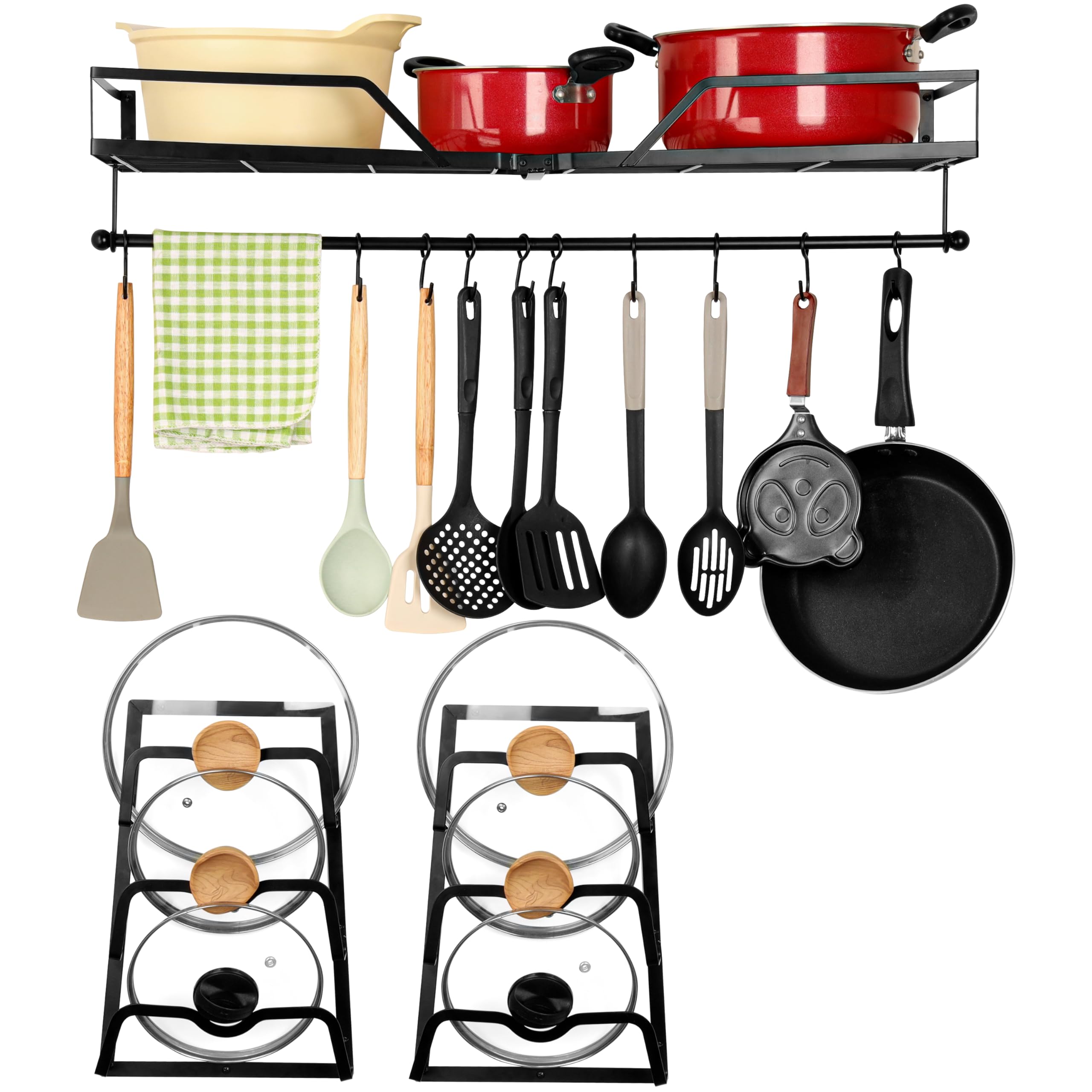 Belle Vous Black 3-In-1 Pot And Pan Hanging Rack - Iron Hanging Pot Rack/Pan Hanger - Wall-Mounted Kitchen Hanging Rack For Pots, Pans & Utensils - 10 Pot Rack Hanging Hooks, Shelf & Detachable Rail