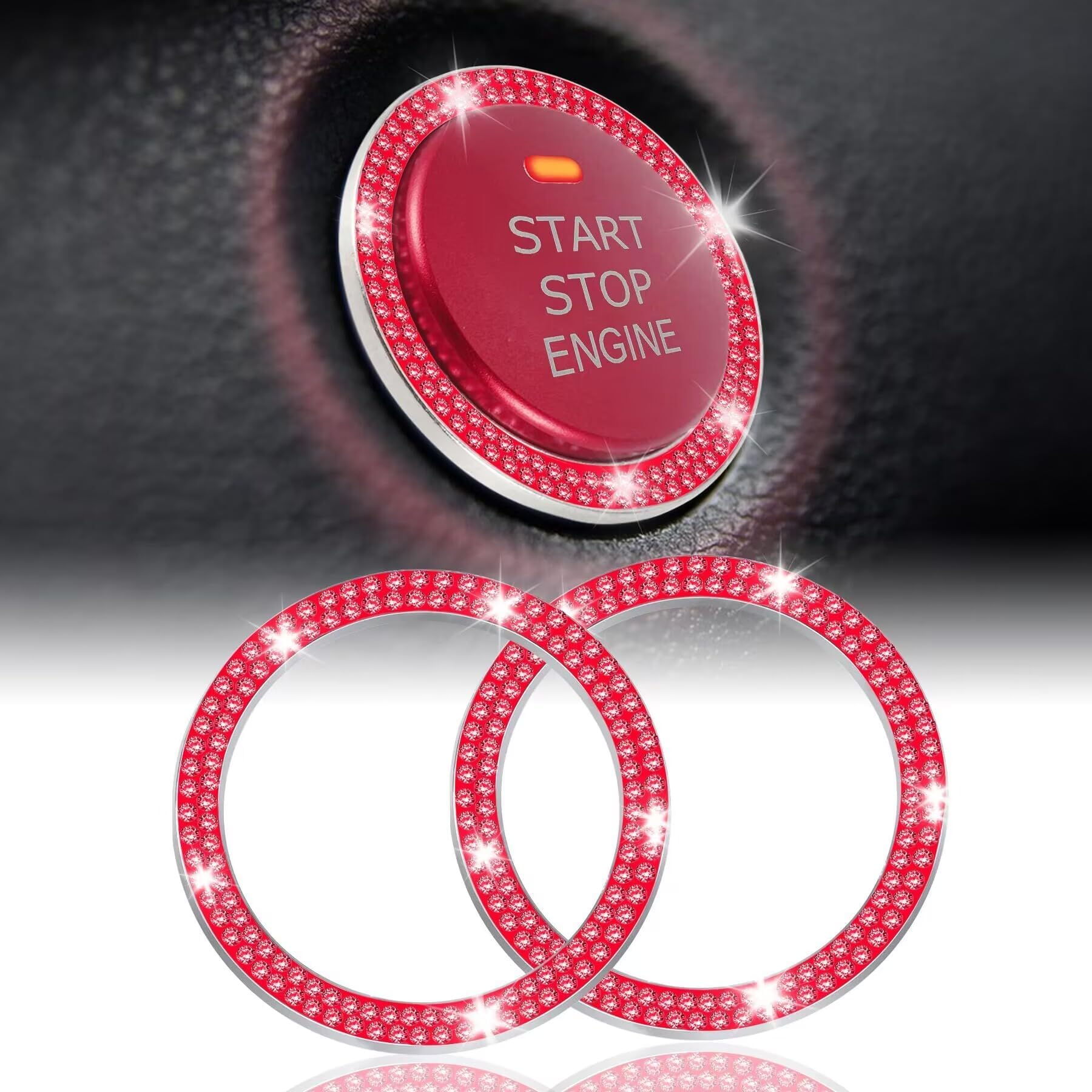 2 PCS Crystal Double Rhinestone Car Engine Start Stop Decoration Ring, Bling Car Interior Accessories for Women, Push to Start Button Cover Sticker, Automotive Decals, Red