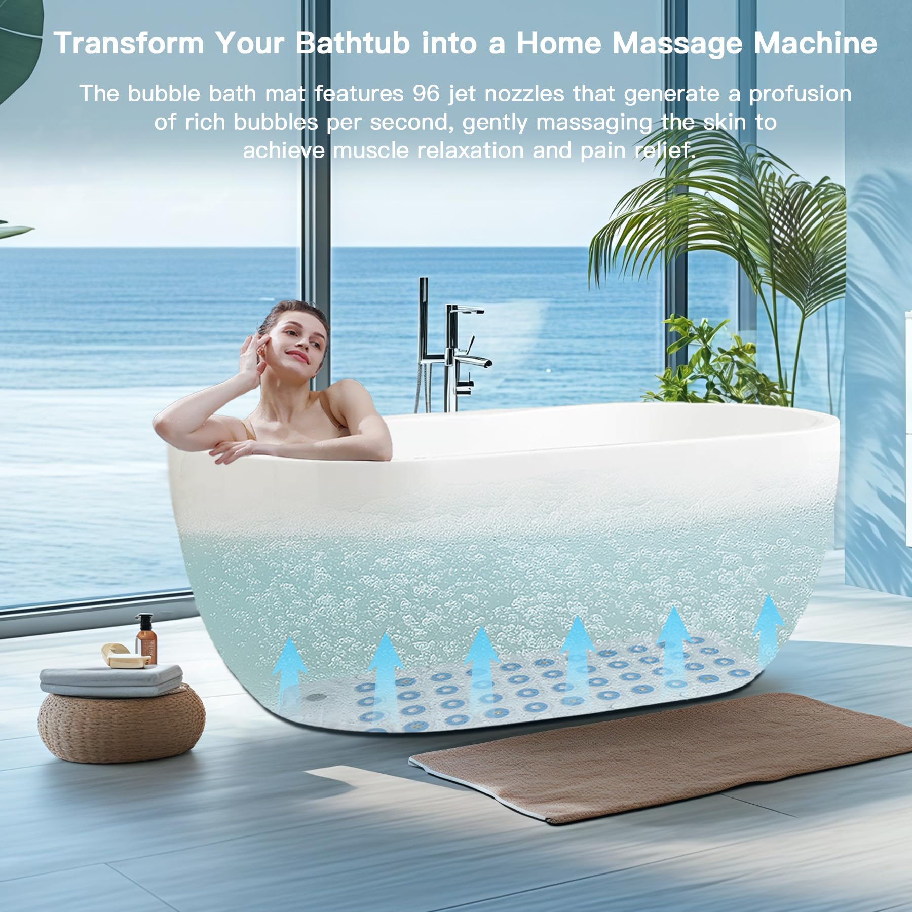 Tappetino da bagno a bolle, tappetino da massaggio per tutto il corpo con luce ambientale antiscivolo, telecomando e cuscino per vasca, 6 velocità regolabili a bolle, adatto per vasche da
