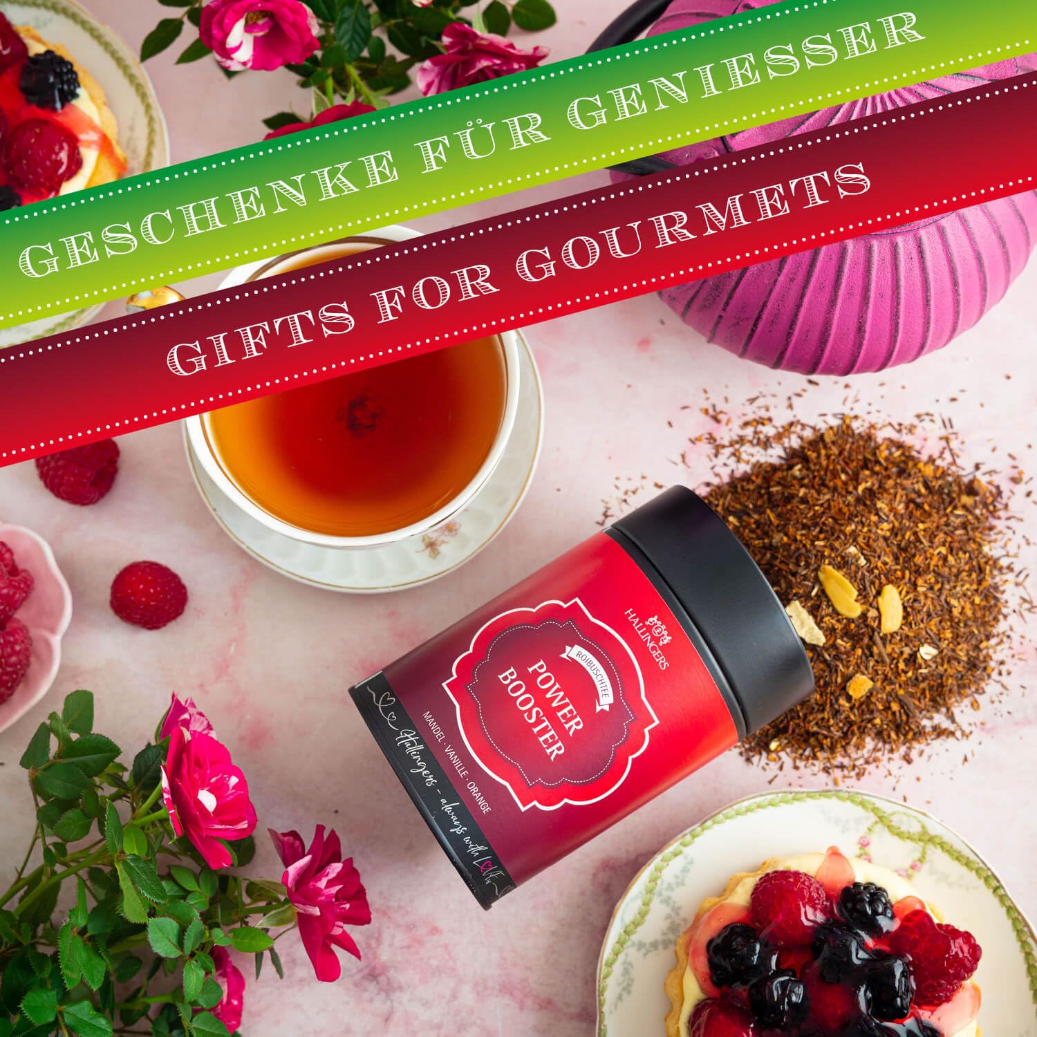 Hallingers Genuss Manufaktur Roibusch Tee Geschenk - loser Rooibos-Tee, Rotbusch wertige Geschenk-Dose "Power Booster" mit Orange, Zimt & Vanille, Geschenkidee für Frauen Männer