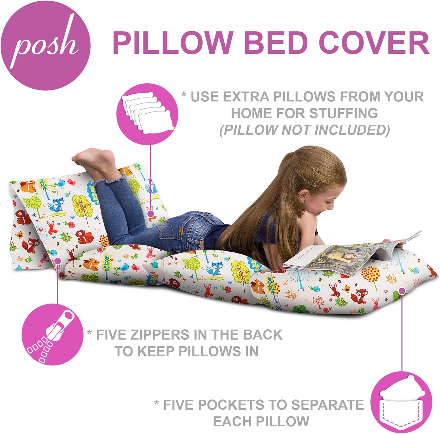 Kids Floor Pillow Cover - Premium Cushion and Lounger Covers for Pillows (Queen Pillows NOT Included) - Gifts for Teenage Girls, Queen Pillow Size, Canvas - Animals Forest Critters