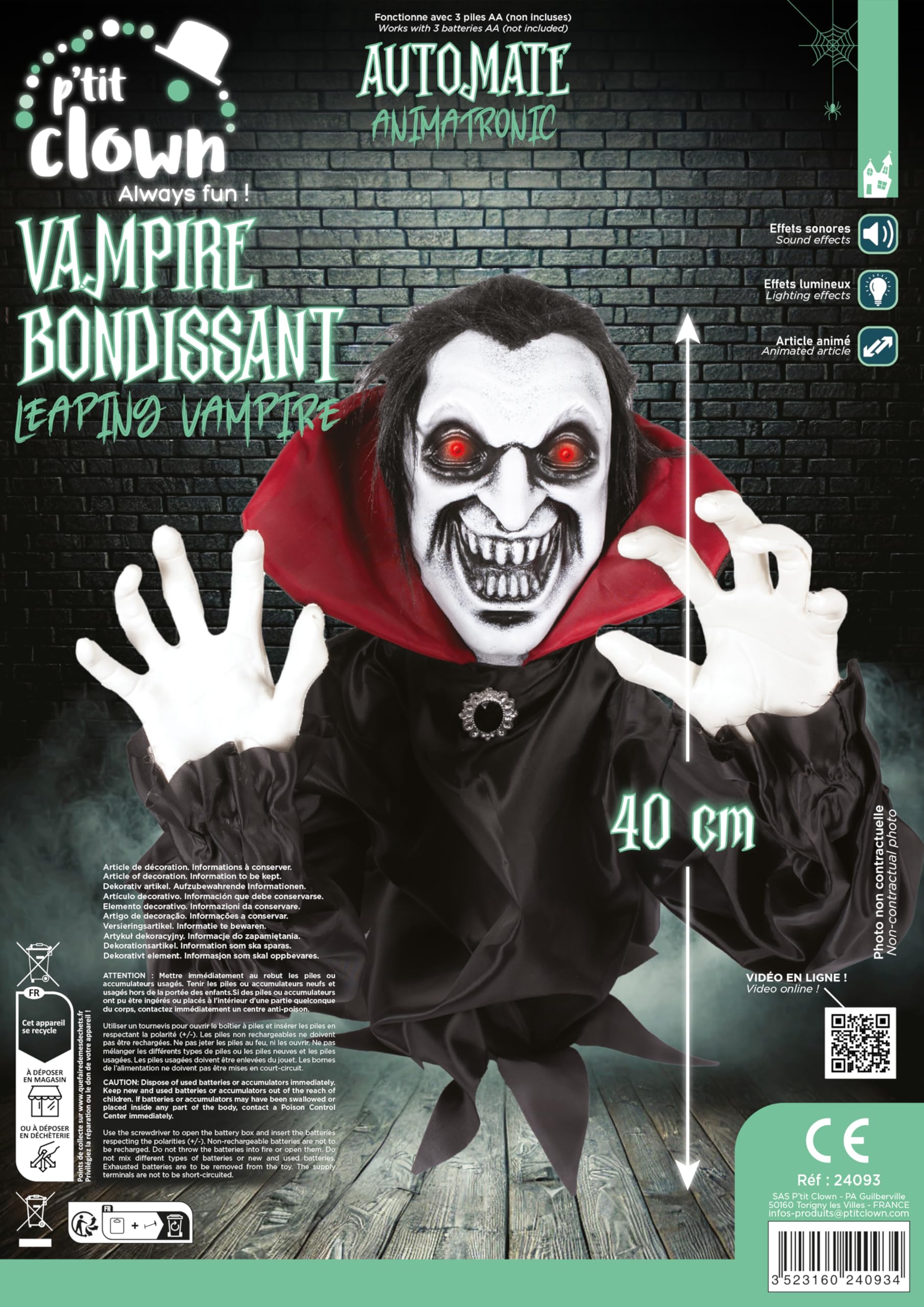 P'tit Clown - 24093 - Springender Halloween-Vampir Automat – Animierte Deko mit Sound & Licht – Batteriebetrieben (3xAAA Nicht enthalten) – 40 cm