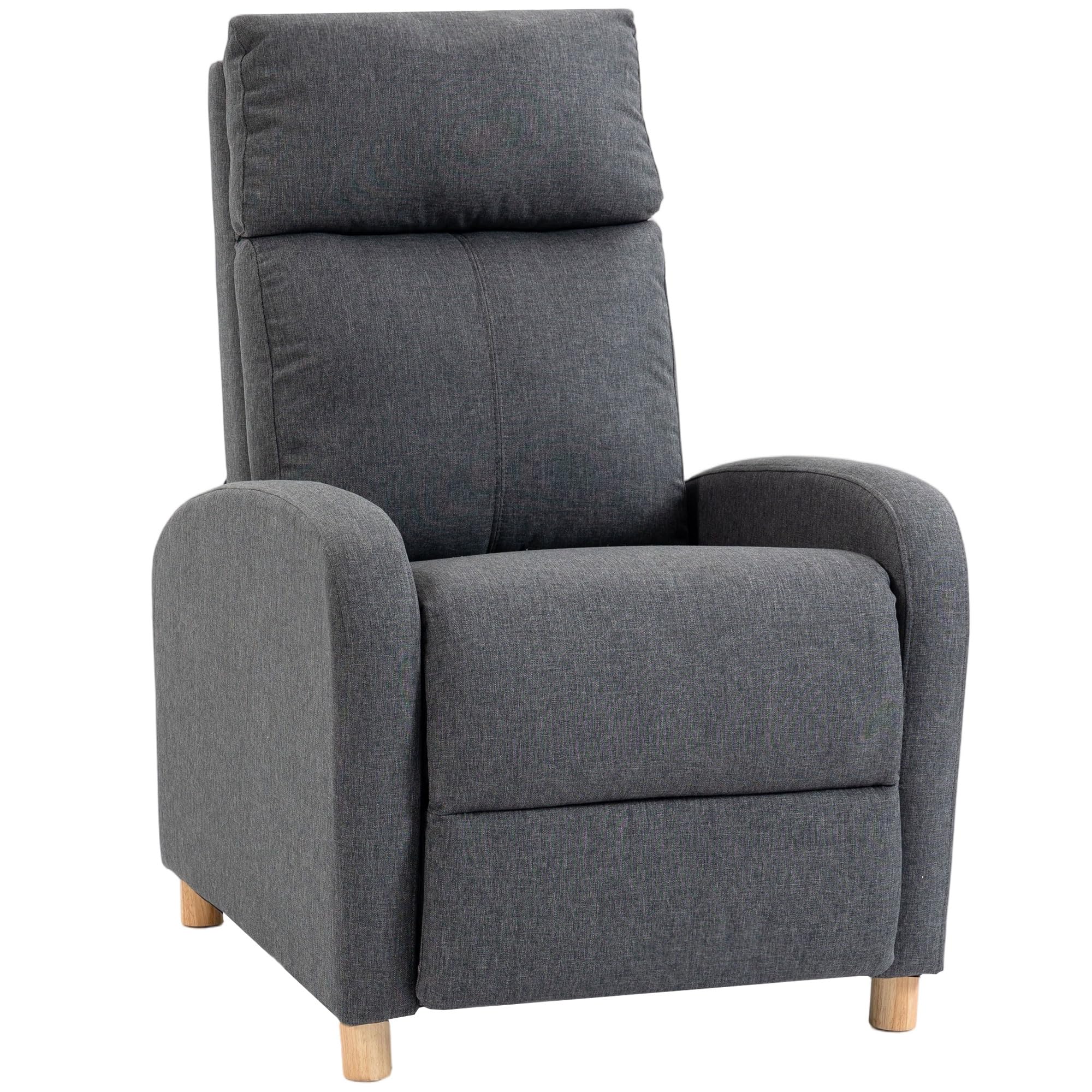 HOMCOM Poltrona Relax Reclinabile Manuale 135° con Poggiapiedi Grigio Scuro | Poltrona Reclinabile Ergonomica, Imbottita in Tessuto Effetto Lino, Gambe in Legno, per Soggiorno e Camera, 67x87x102cm