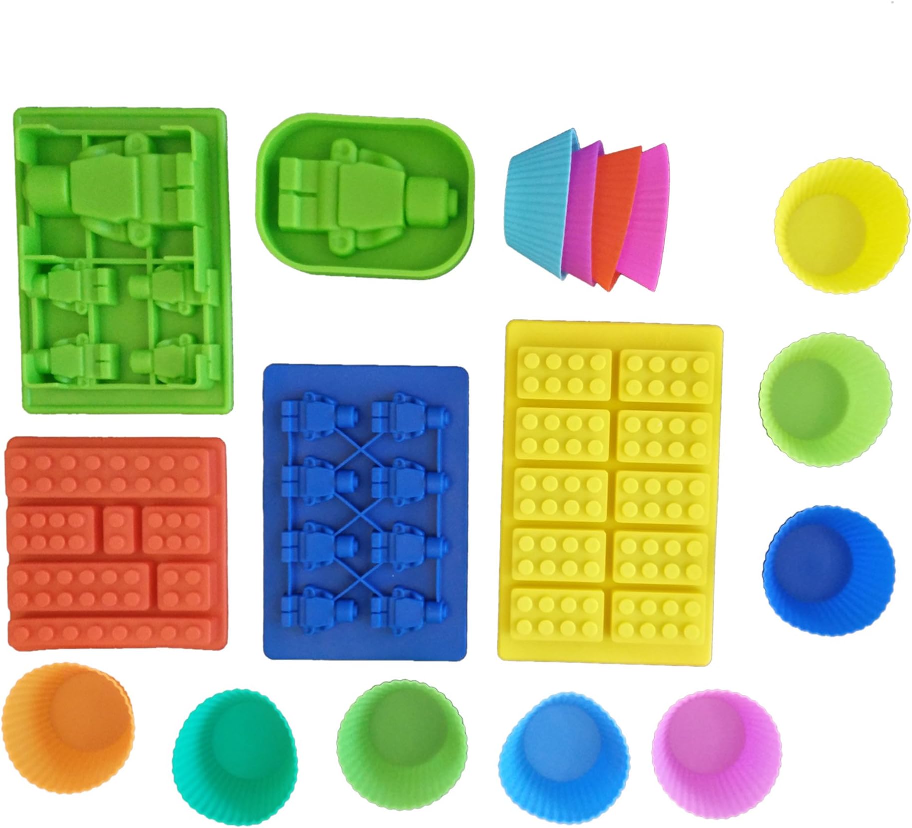 17 Piece Set of Lego Chocolate and Candy Molds, 5 Piece Set of Various Sized Bricks and Lego Men / Robots + 12 Silicone Cupcake/muffin Liners & Recipe Ebook