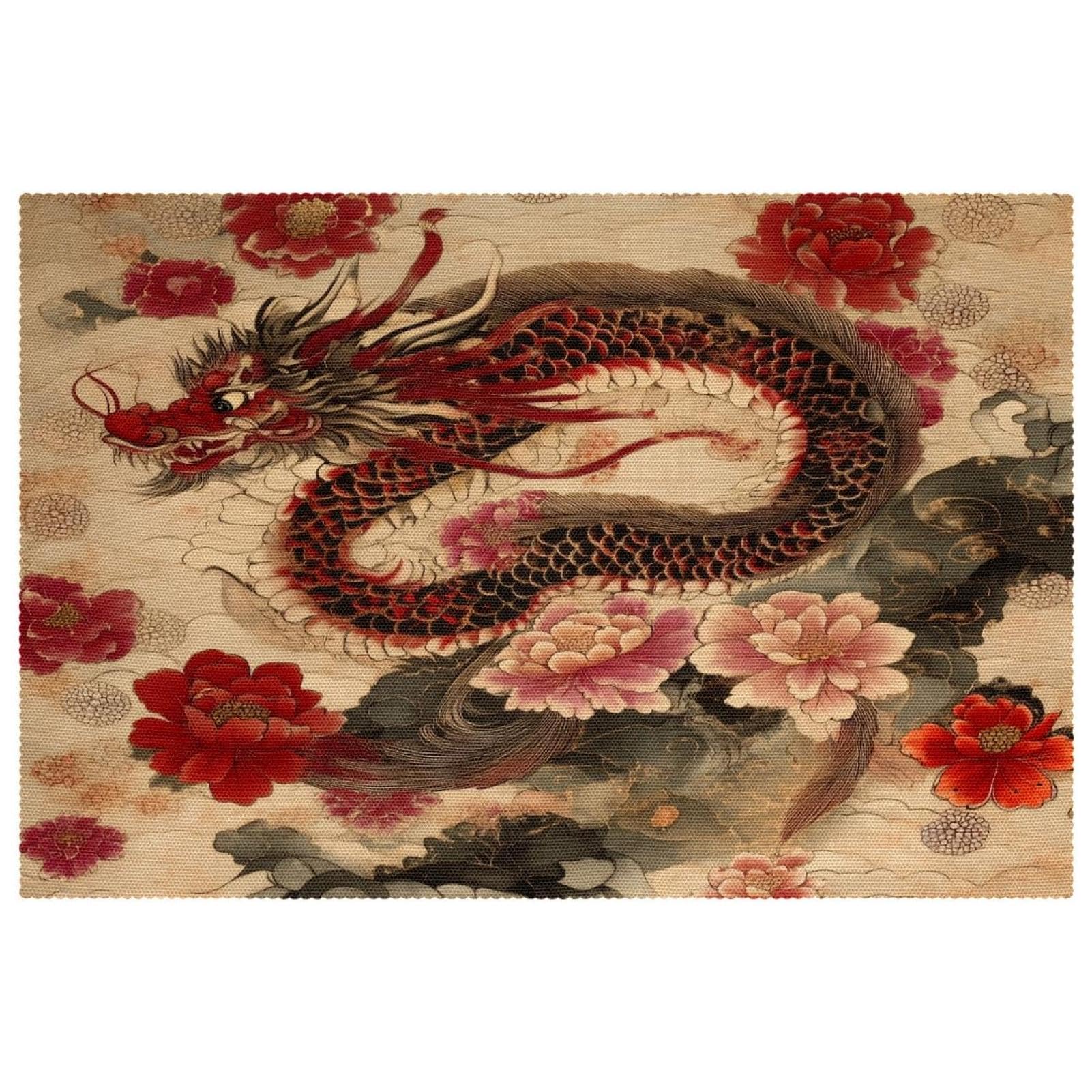 Set de table dragon et pivoine x6 lavable 30x45 cm pour salle à manger